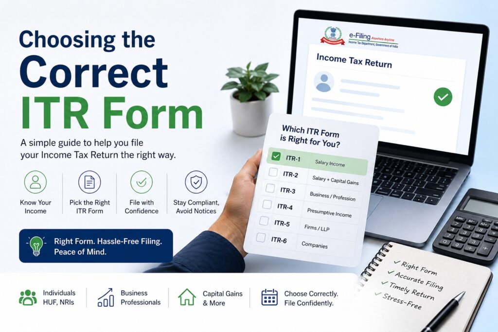 Guide to choosing the correct ITR form for Income Tax Return filing in India.